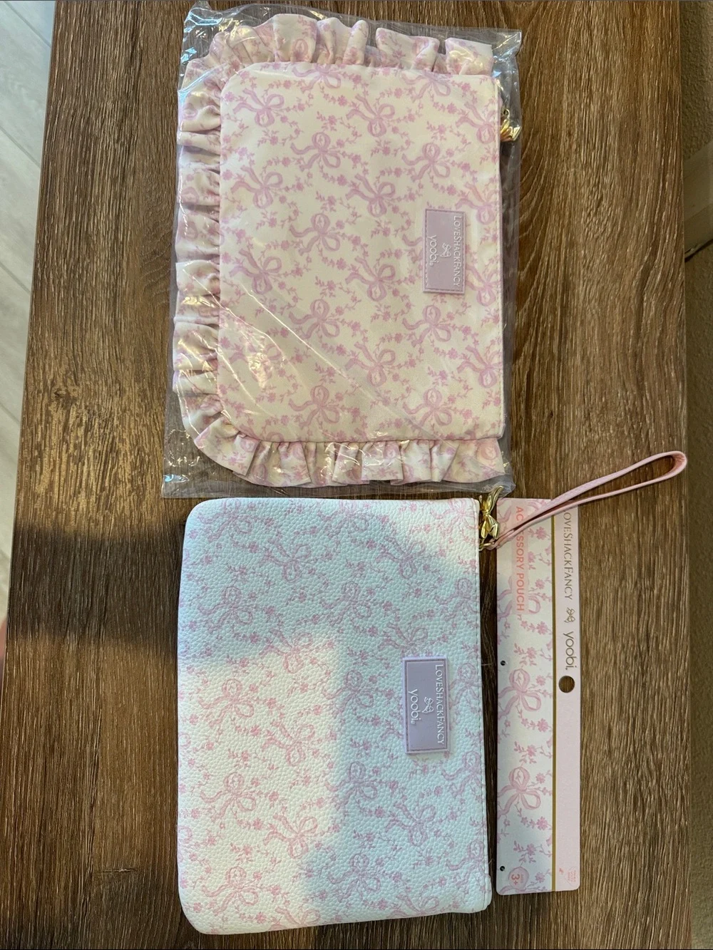 Loveshackfancy x target pencil cases white and pink bows. Leather and cloth.